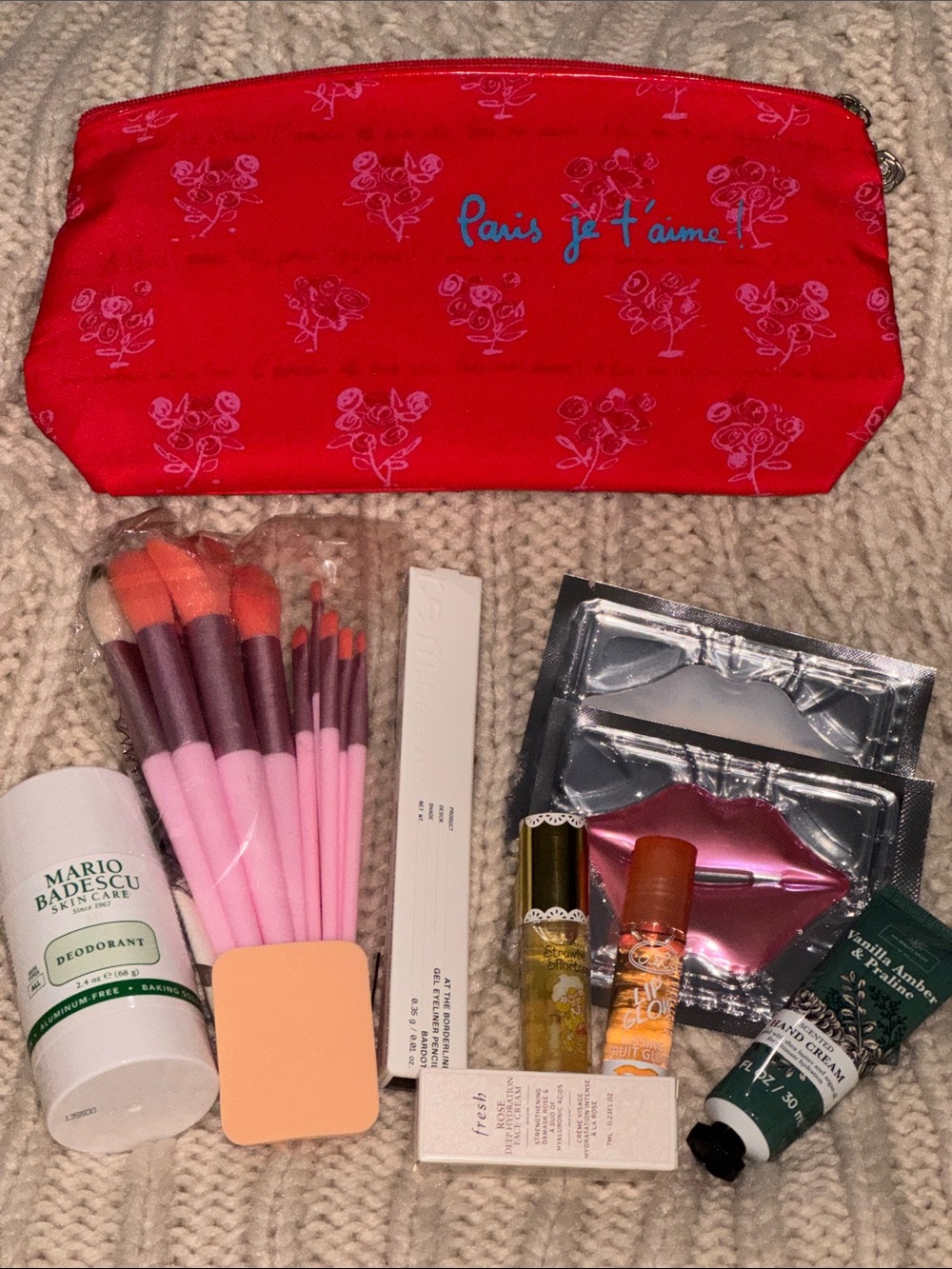 Mario Badescu Red Cosmetic Pouch with Pink and Coral-Tipped Brushes